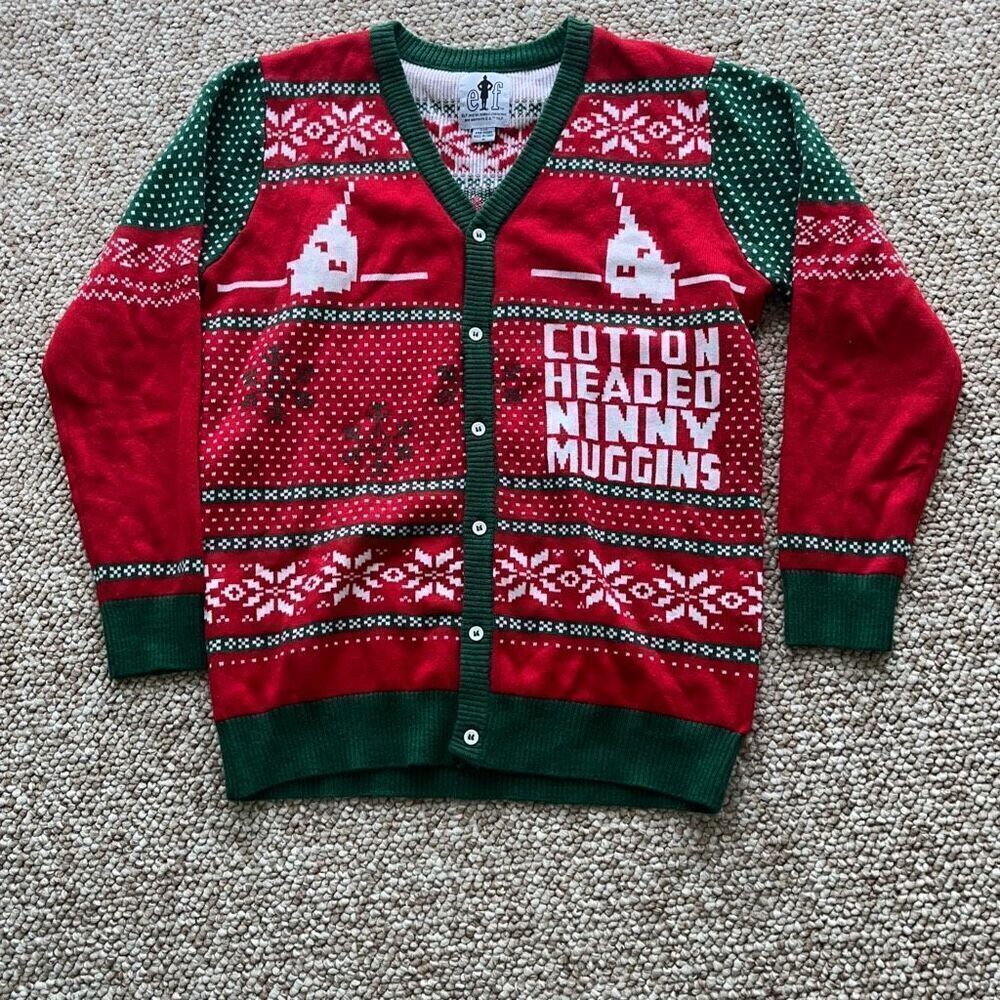ELF The Movie Men's Cotton Headed Ninny Muggins Button-Down Ugly Christmas Sweat